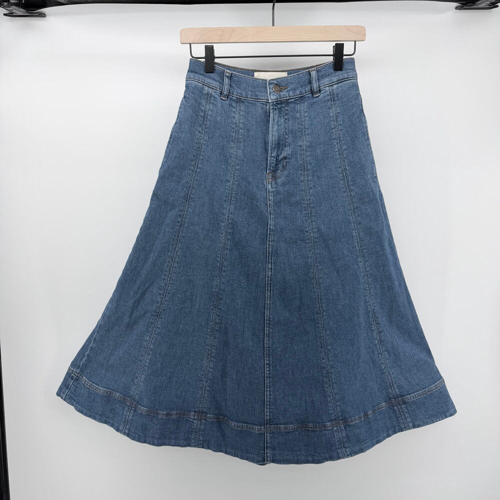 Boden A-Line Medium Wash Denim Midi Skirt sz 4 Cottagecore Capsule Minimalist